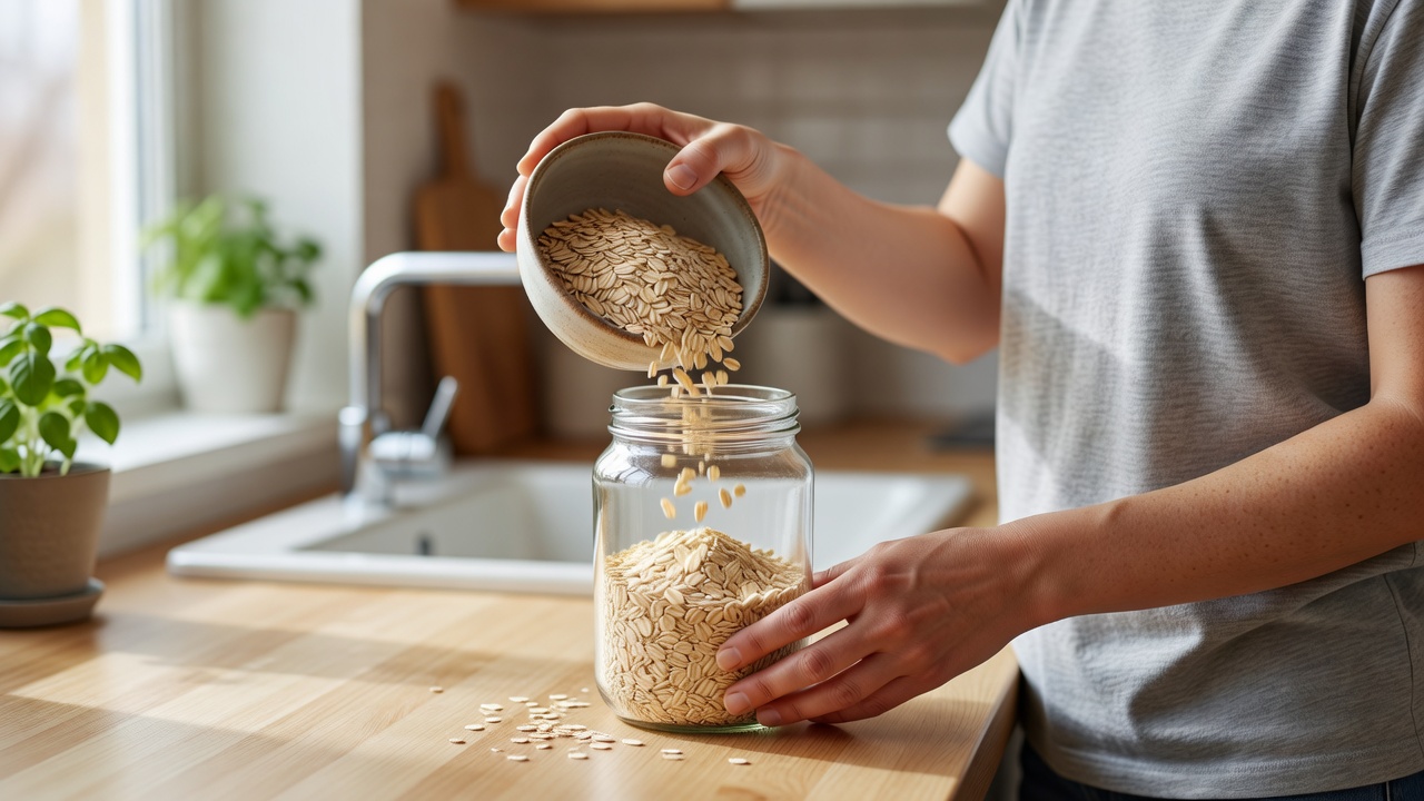 Person filling a clean food-safe jar with dry oats on a kitchen counter in natural light