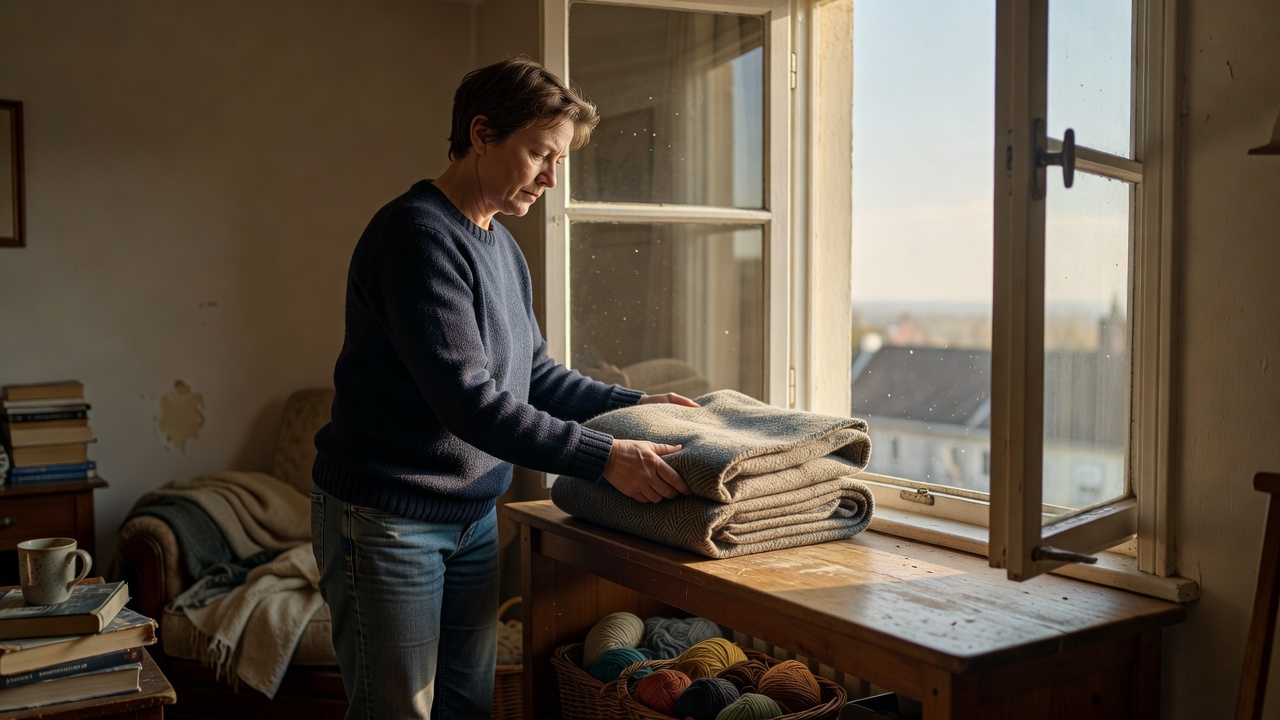 Person placing a folded blanket on a shelf beside a safely opened window in a lived-in room