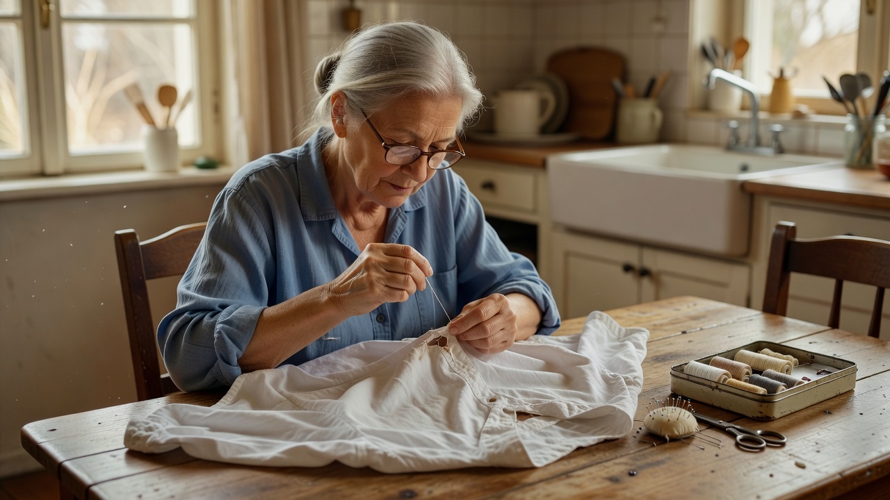 Person repairing a cotton shirt at a kitchen table with a small sewing kit